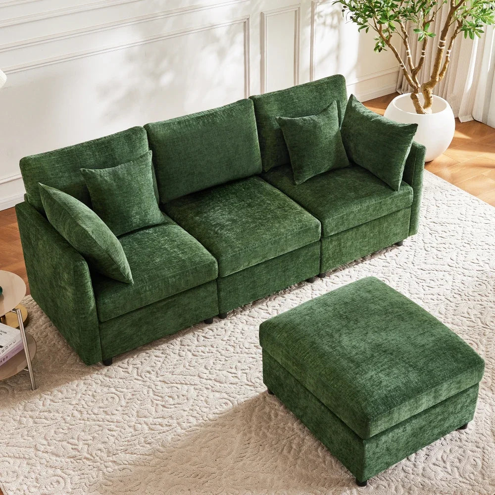 Canapé d'angle panoramique modulable et convertible moderne vert, canapé d'appoint grand confort avec pouf indépendant amovible et 4 coussins en tissu chenille doux pour salon d'appartement
