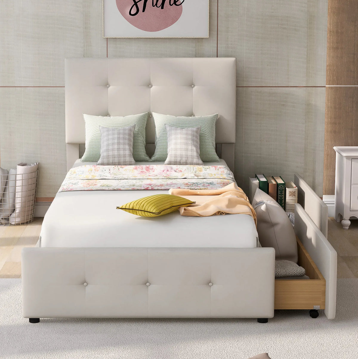 90x200 cm Upholstered Bed Frame with Slatted Base, Headboard and Two Storage Drawers in Beige Velvet (No Mattress)