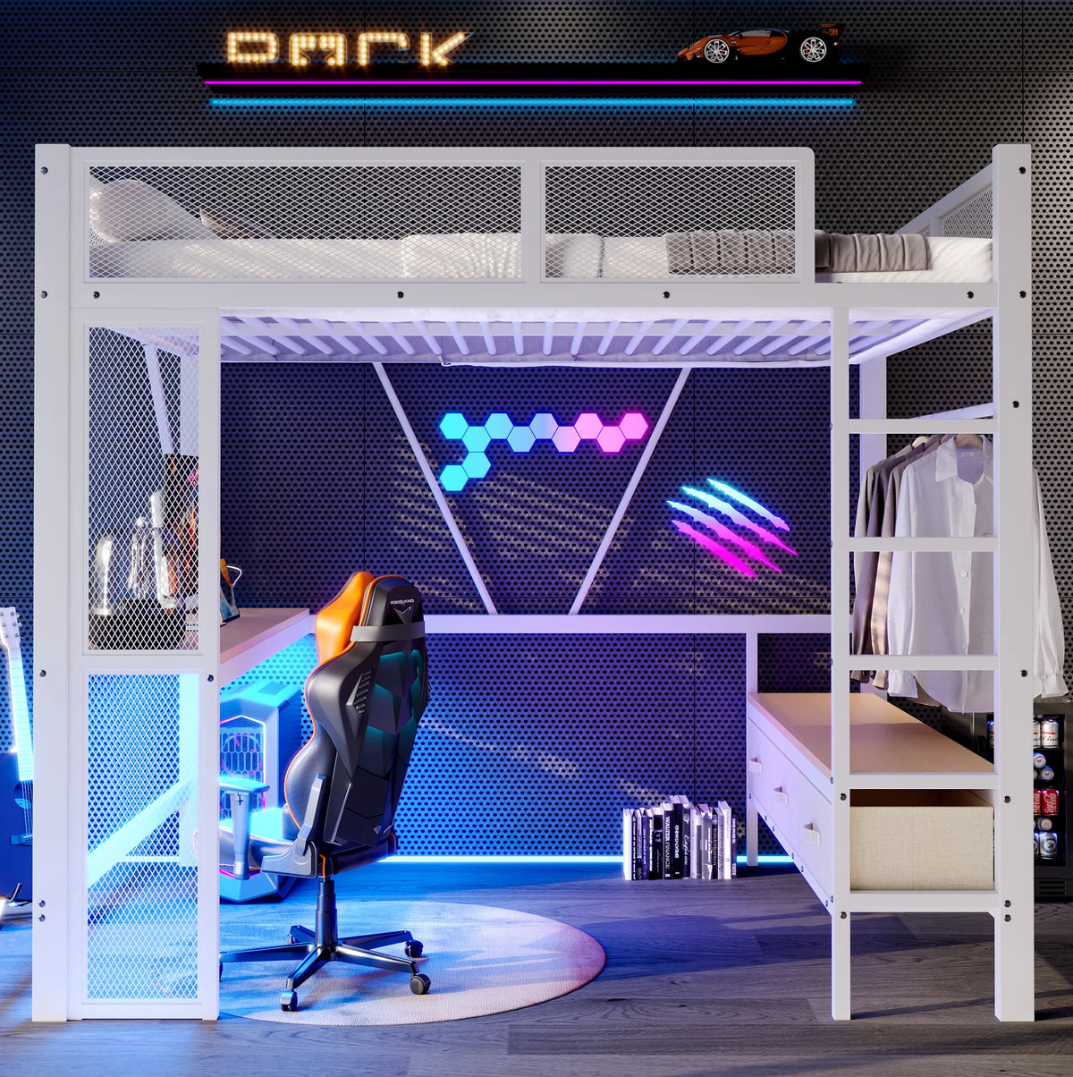 Lit mezzanine enfant et ado 140 x 200 cm en métal blanc - Lit combiné avec bureau, prise USB, LED intégrées, armoire ouverte et 3 tiroirs de rangement