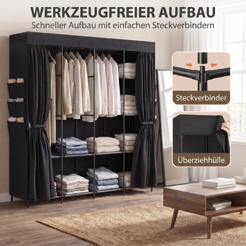 Armoire pliante avec 5 barres de penderie, penderie en tissu antipoussière sur structure en acier, comprend des étagères et des poches latérales pour chaussures et accessoires, montage facile sans outils - Noir