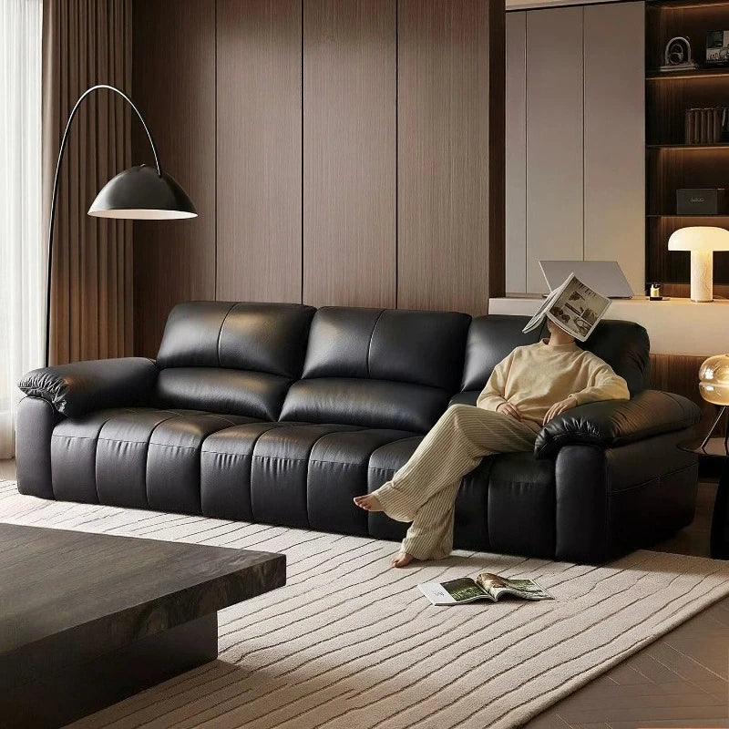 Canapé moderne et simple en cuir de vachette de première couche, canapé droit de luxe léger noir pour le salon et mobilier de