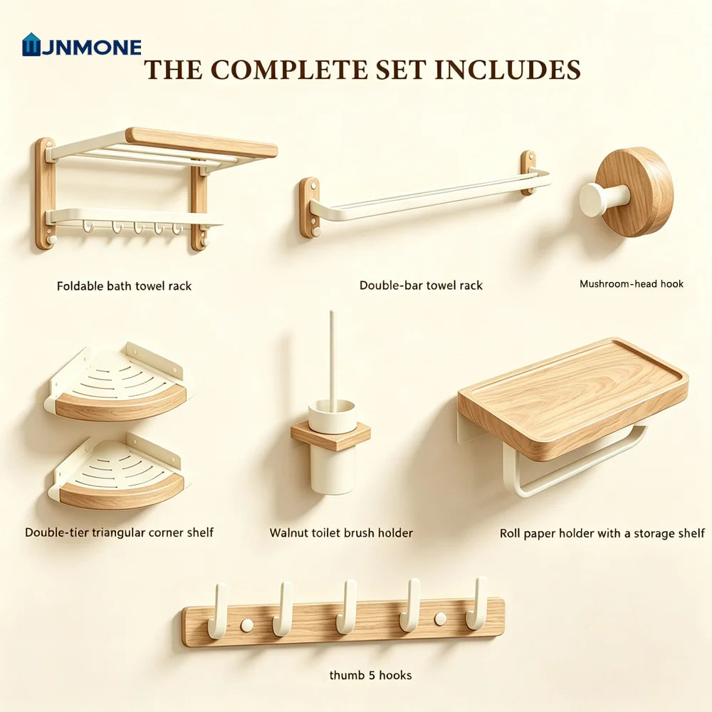 Ensemble d'accessoires de salle de bain en bois de noyer blanc, porte-serviettes, étagère d'organisation, support de brosse de toilette mural