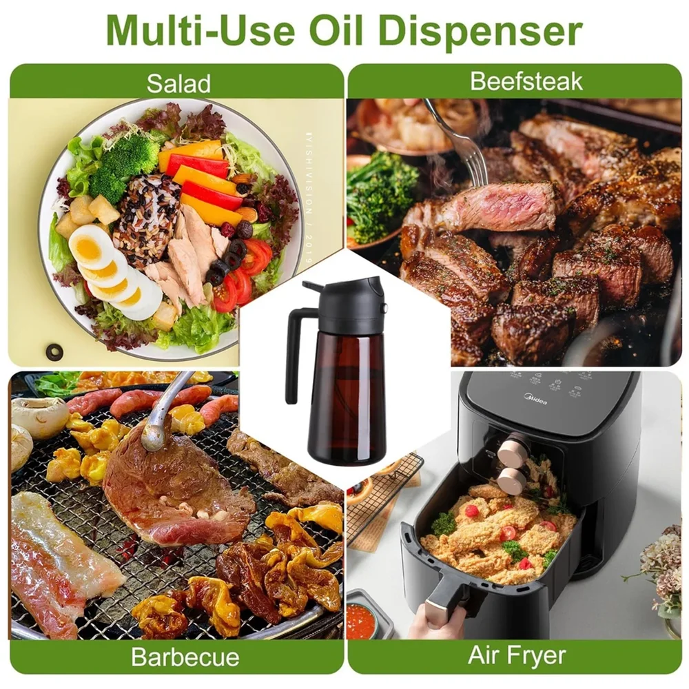 Distributeur et pulvérisateur d'huile en verre 2-en-1 - Bouteille spray d'huile d'olive anti-fuite 470 ml (16 oz) pour cuisine, friteuse sans huile (Air Fryer), barbecue, cuisson et salade