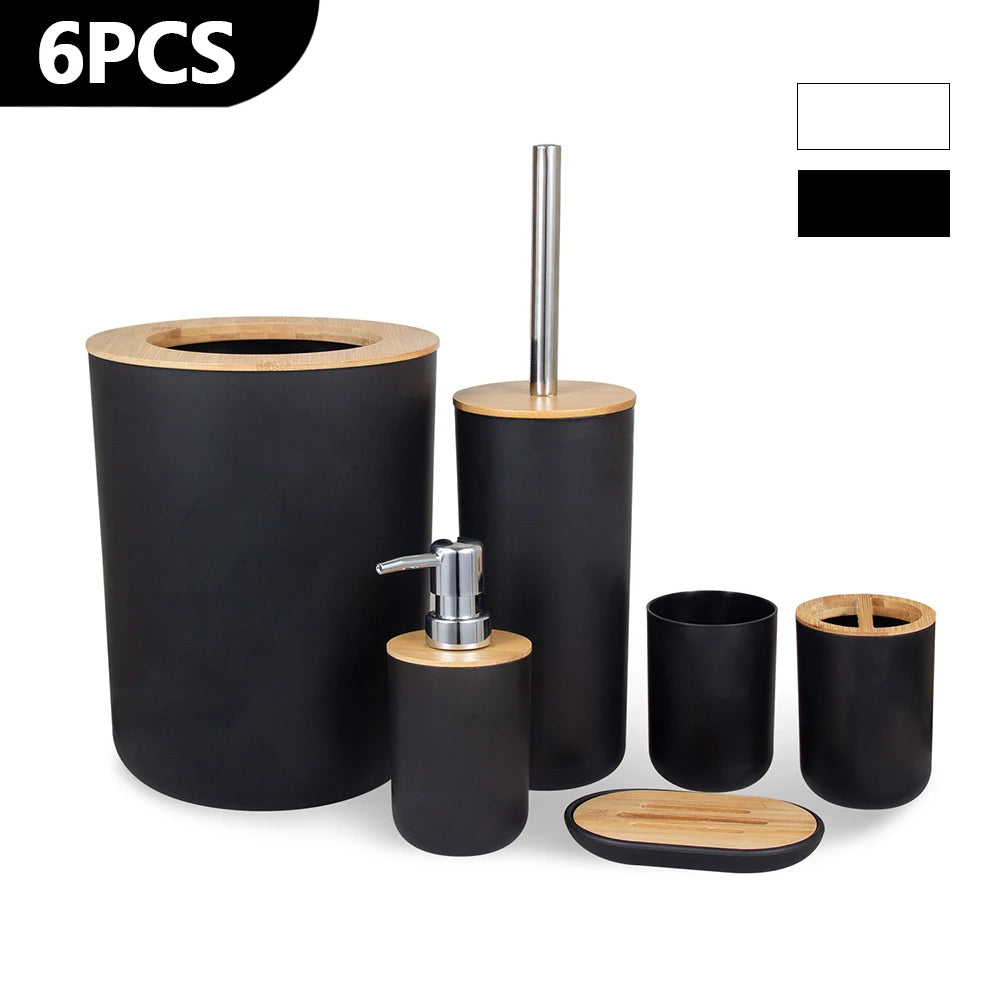Ensemble d'accessoires de salle de bain 6 pièces en bambou et plastique, distributeur de savon, porte-savon, brosse de toilette, flacon de lotion, poubelle, gobelet et porte-brosse à dents