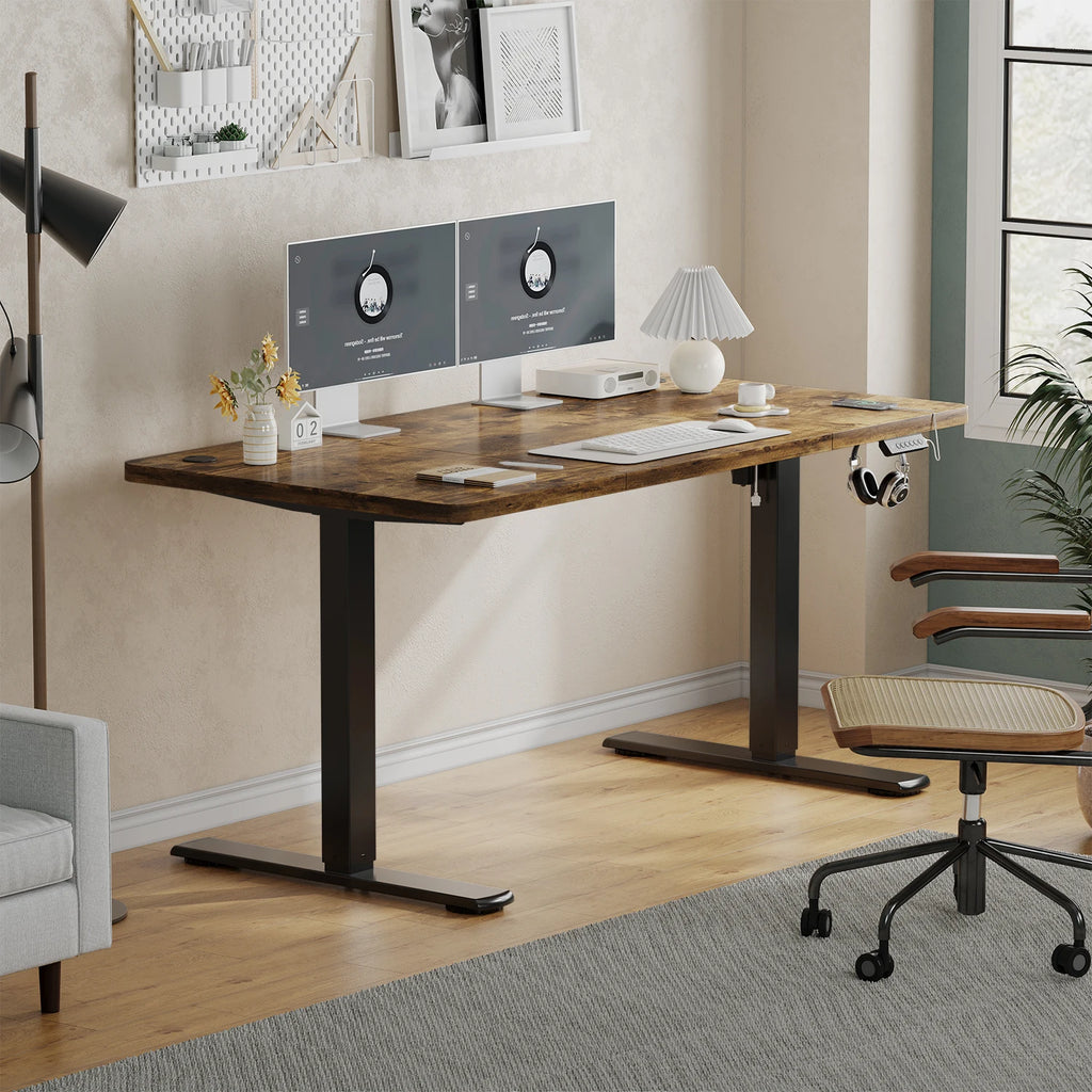 Bureau assis-debout ergonomique 120x60 cm pour ordinateur avec prises USB, table de bureau à domicile