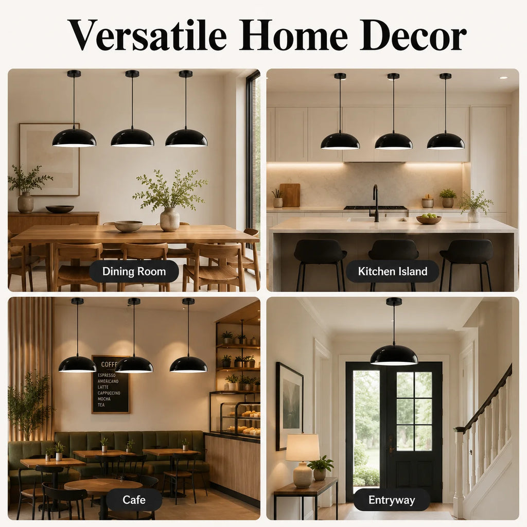 Suspension luminaire JOYINLED en métal noir, disponible en lot de 1 ou 3 pièces, avec abat-jour en forme de dôme. Style moderne du milieu du siècle (Mid-Century Modern), idéale pour une cuisine, un îlot central ou une salle à manger. Modèle de suspension