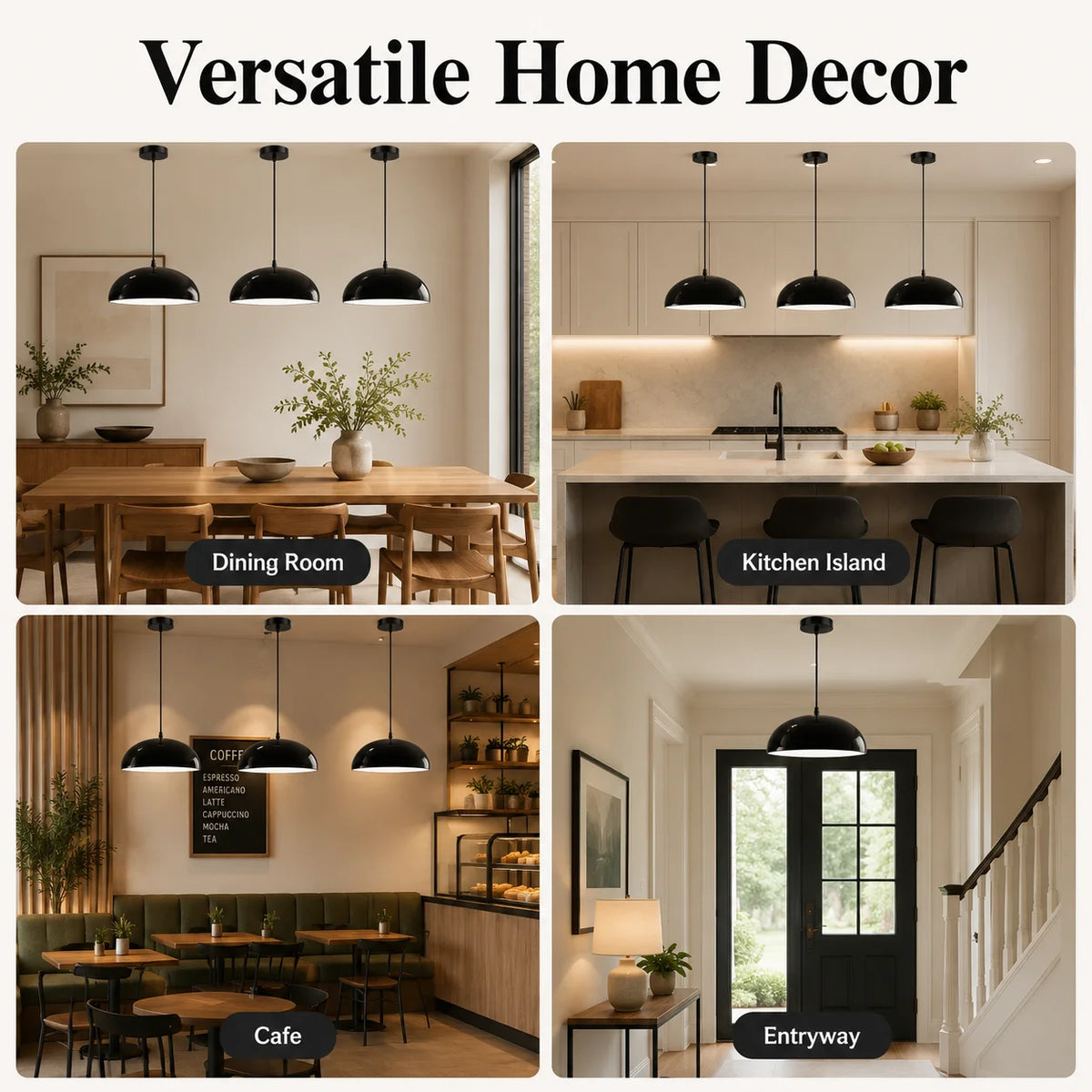Suspension luminaire JOYINLED en métal noir, disponible en lot de 1 ou 3 pièces, avec abat-jour en forme de dôme. Style moderne du milieu du siècle (Mid-Century Modern), idéale pour une cuisine, un îlot central ou une salle à manger. Modèle de suspension