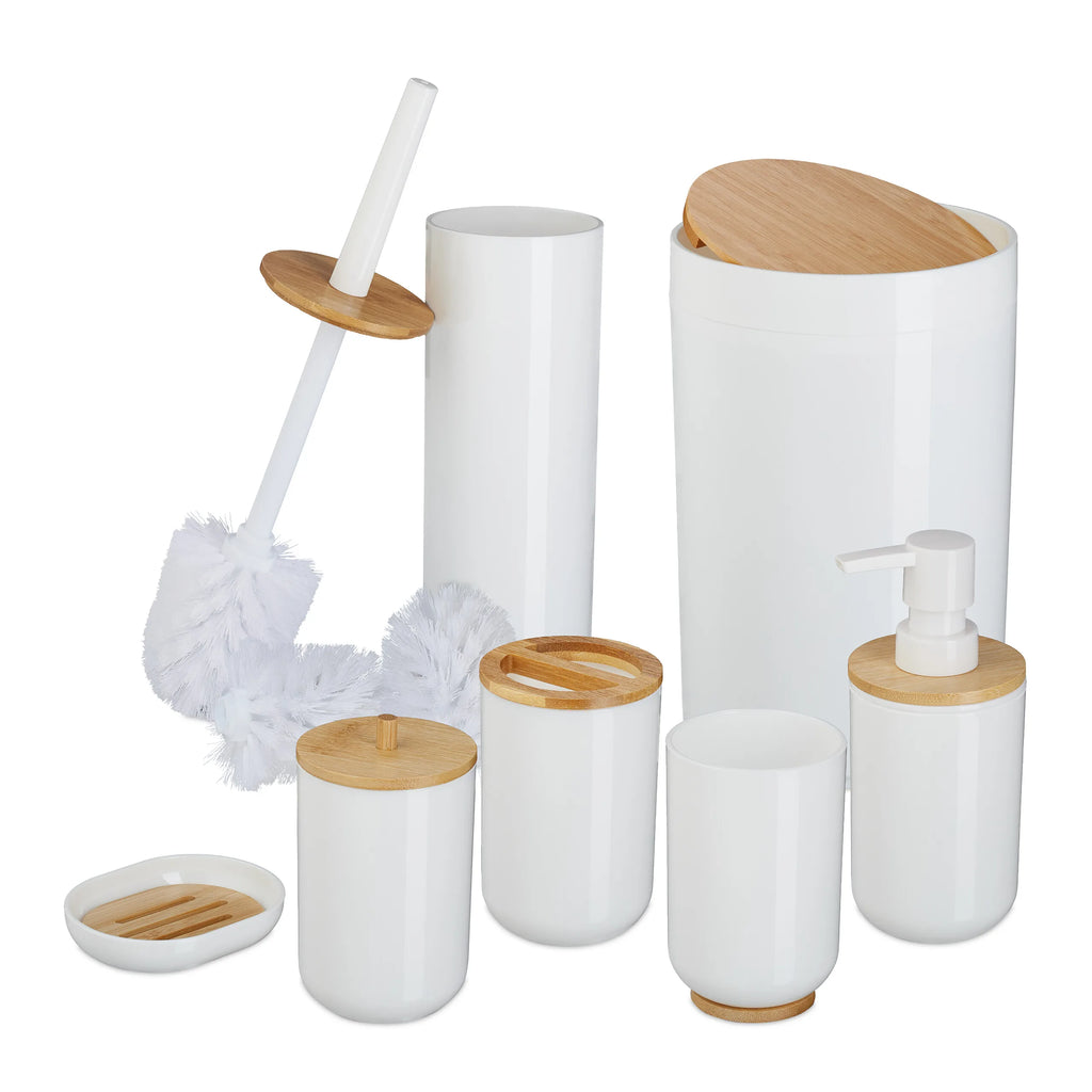 Ensemble d'accessoires de salle de bain 7 pièces, design harmonieux, pour la salle de bain, plastique et bambou, noir, poubelle à cosmétiques 5 L, avec brosse de toilette, Relaxdays