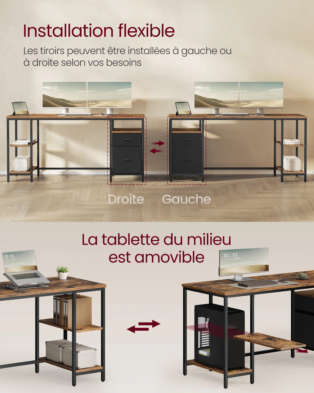 Bureau pour ordinateur, table de travail avec rangements, 3 étagères, 2 tiroirs, 60 x 160 x 76 cm, Brun rustique et Noir mat