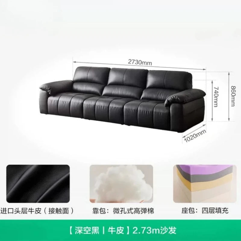 Canapé moderne et simple en cuir de vachette de première couche, canapé droit de luxe léger noir pour le salon et mobilier de