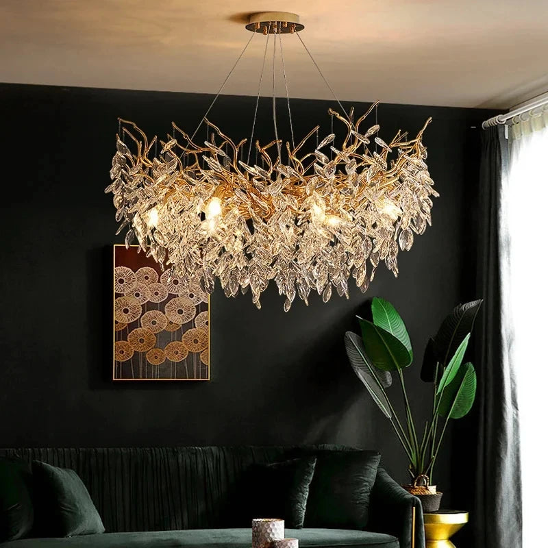 Lustre à LED de luxe en cristal doré - Luminaire suspendu de plafond pour salon, salle à manger, chambre et villa