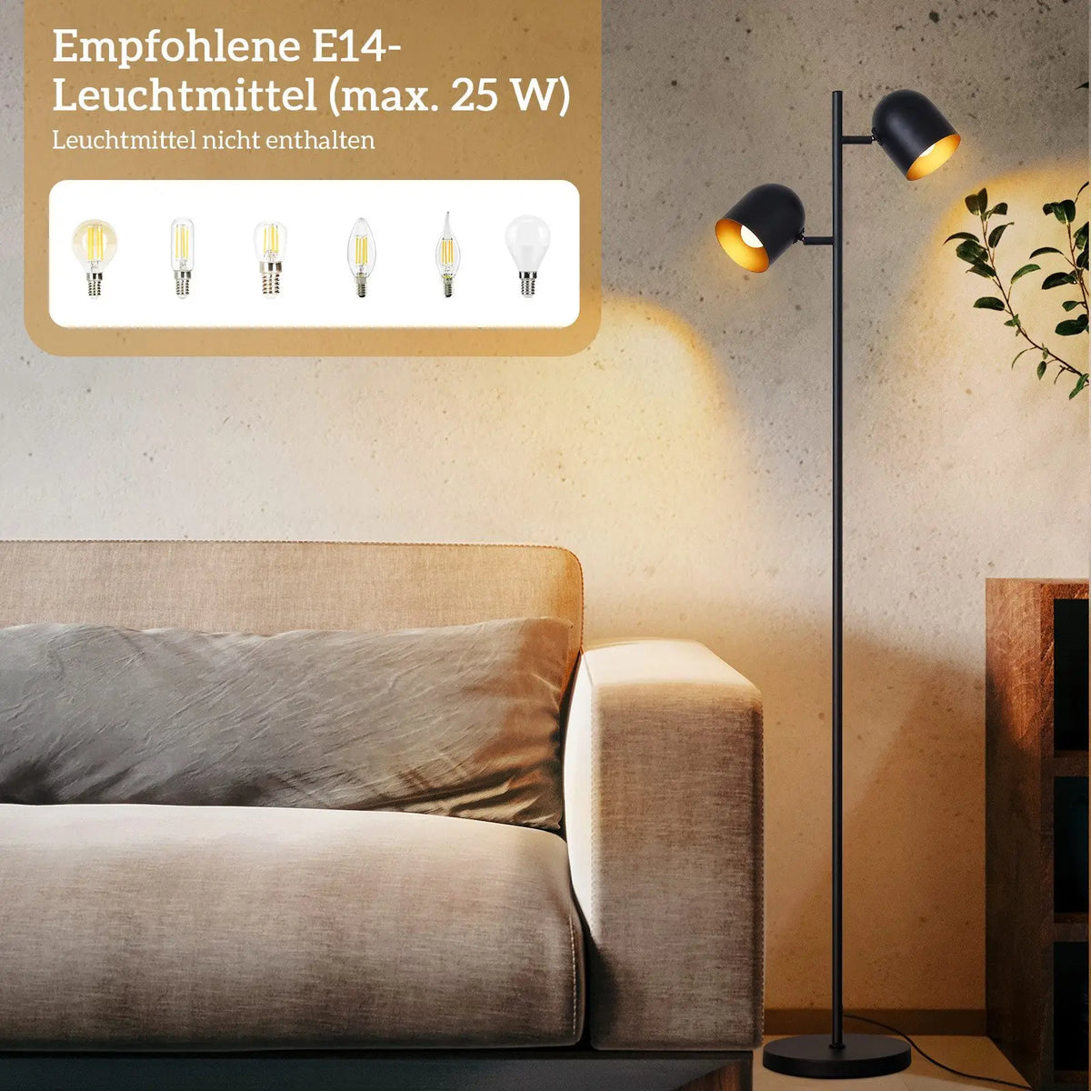 Lampadaire à 2 têtes noir avec intérieur en feuille d'or