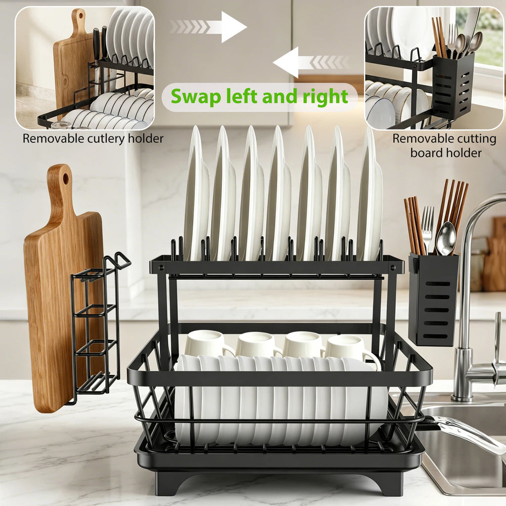 Égouttoir à vaisselle noir gain de place en acier au carbone - Égouttoir de grande capacité et antirouille avec porte-ustensiles, support à vaisselle en métal pour bols et rangement de cuisine