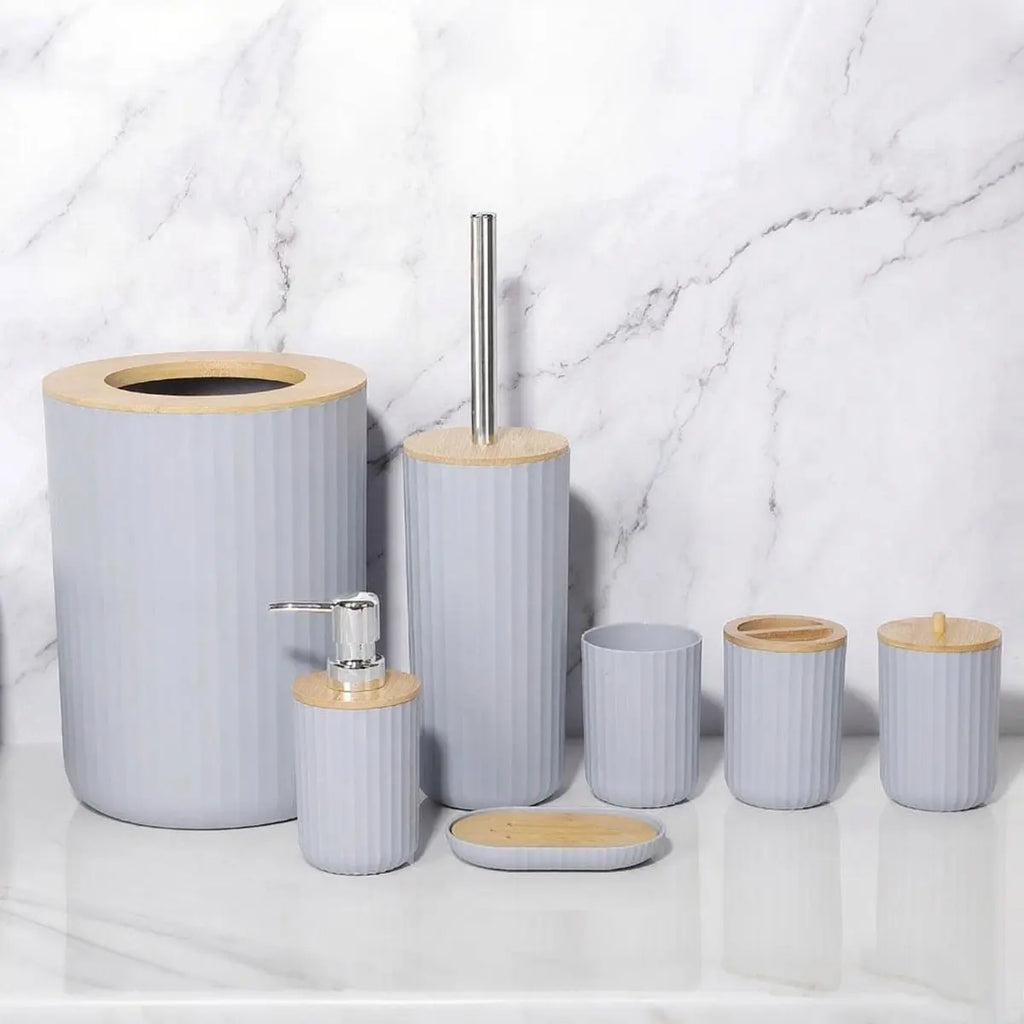 Ensemble d'accessoires de salle de bain 6 pièces, distributeur de savon, porte-savon, brosse de toilette, flacon de lotion, poubelle, tasse pour brosse à dents, ensemble de rangement de salle de bain en plastique
