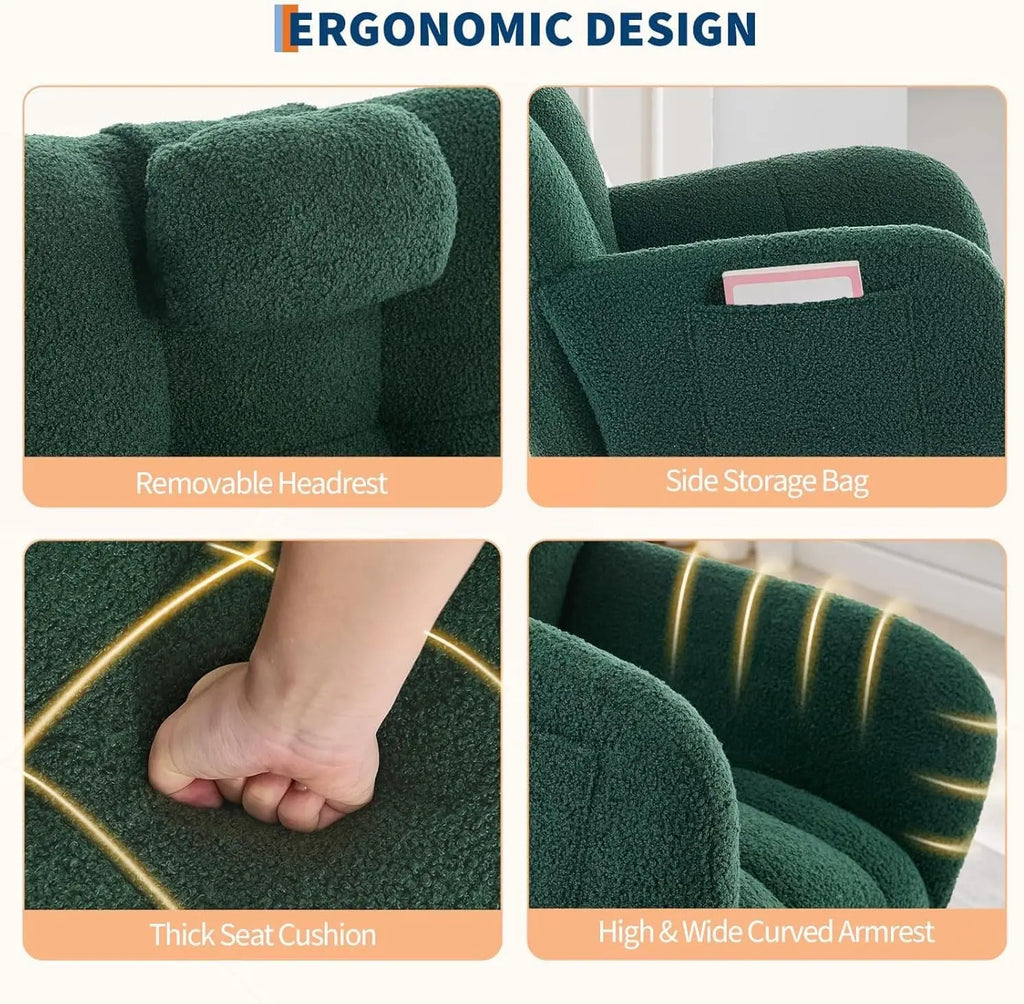 Fauteuil à bascule en velours teddy vert émeraude