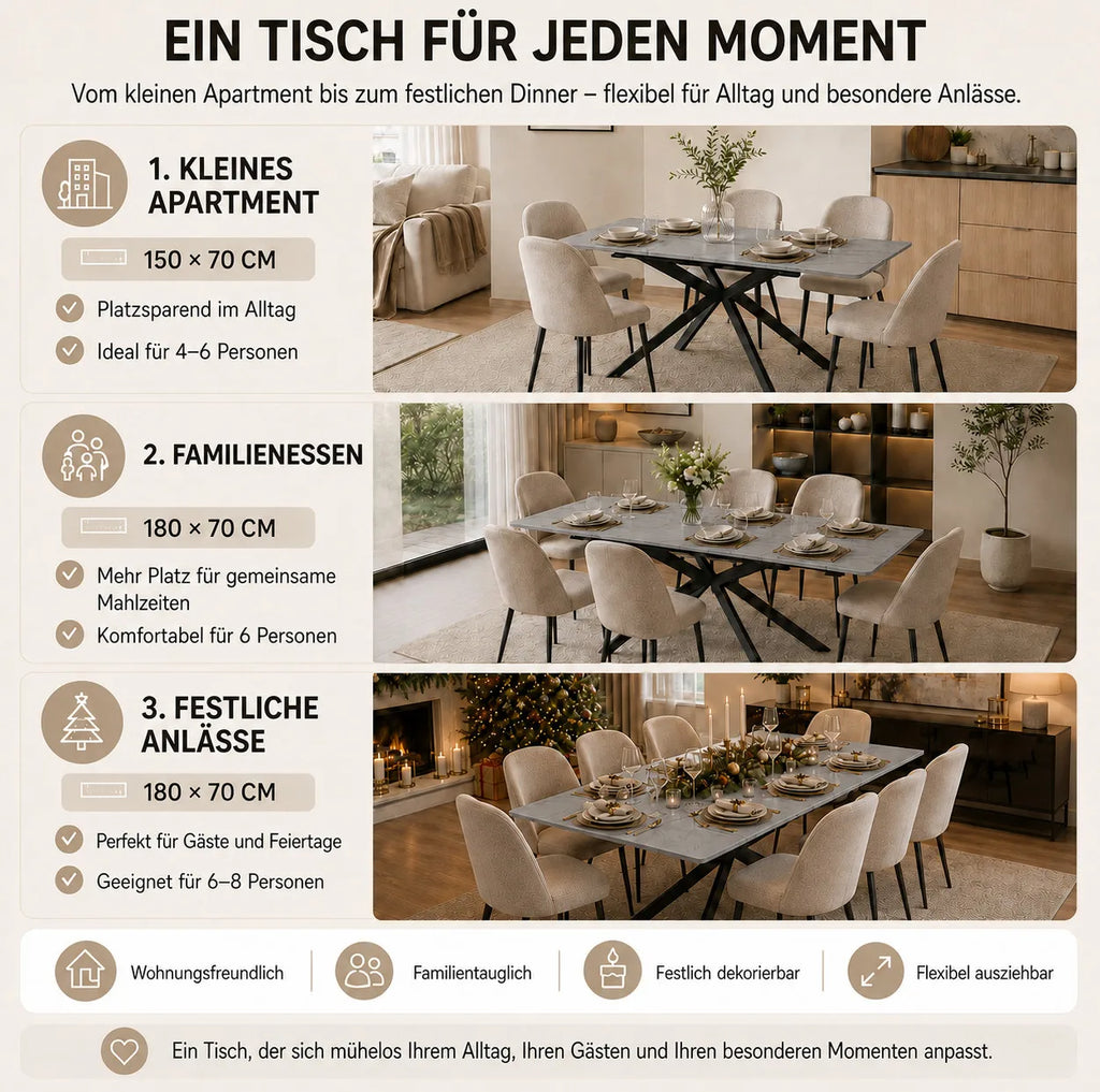 Table à manger extensible avec pieds croisés, plateau en MDF motif béton, 150-180x70x76 cm, noir et gris
