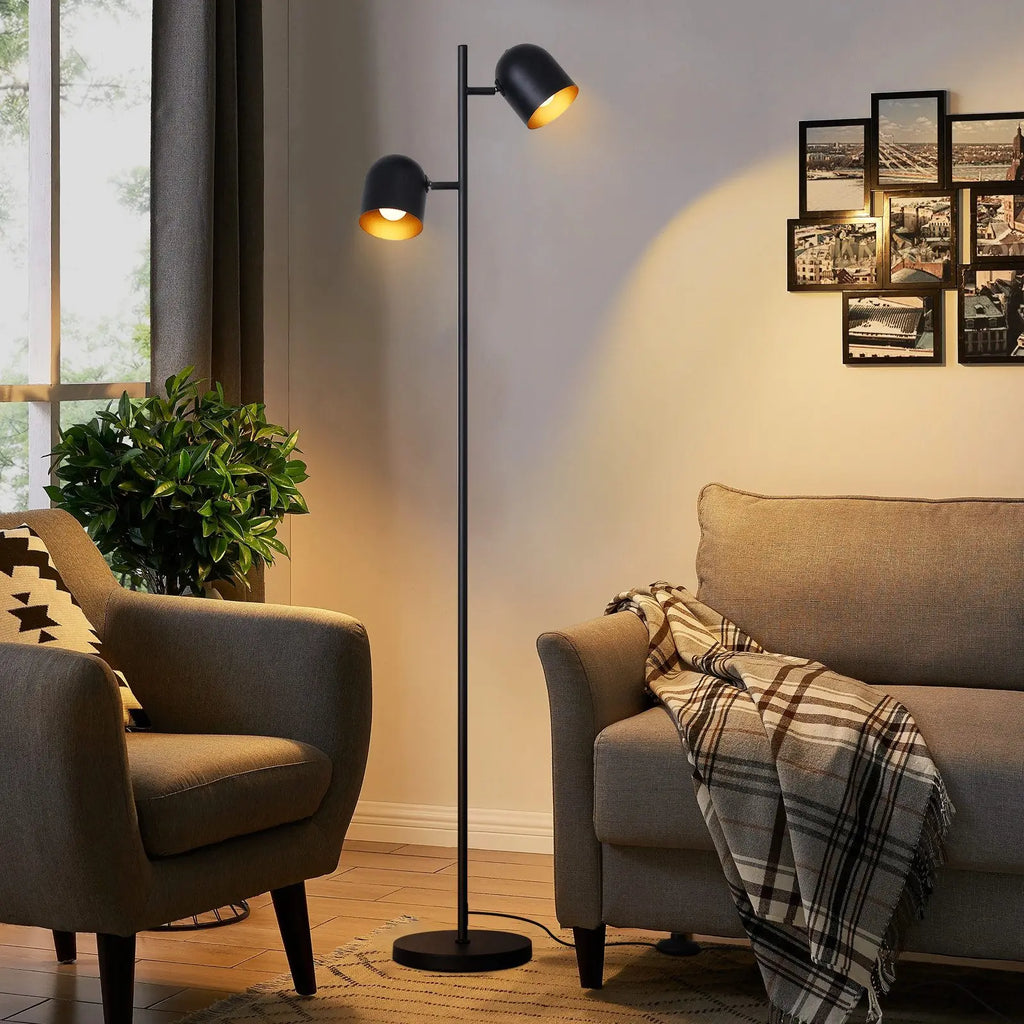 Lampadaire à 2 têtes noir avec intérieur en feuille d'or