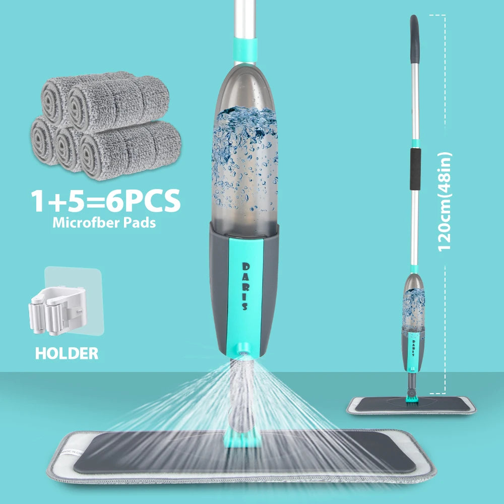 Balai serpillière plat avec spray rotatif à 360° et patins en microfibre