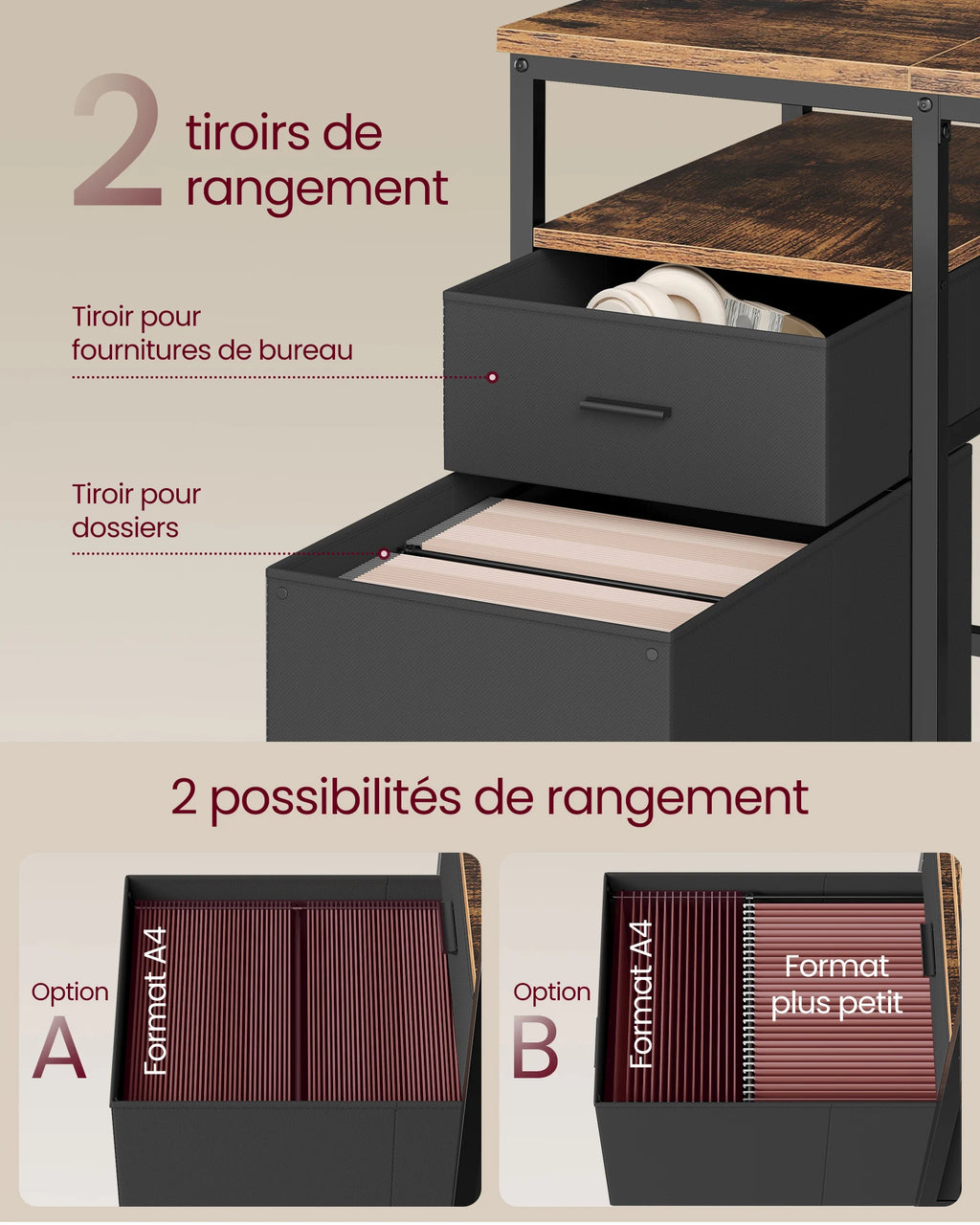 Bureau pour ordinateur, table de travail avec rangements, 3 étagères, 2 tiroirs, 60 x 160 x 76 cm, Brun rustique et Noir mat