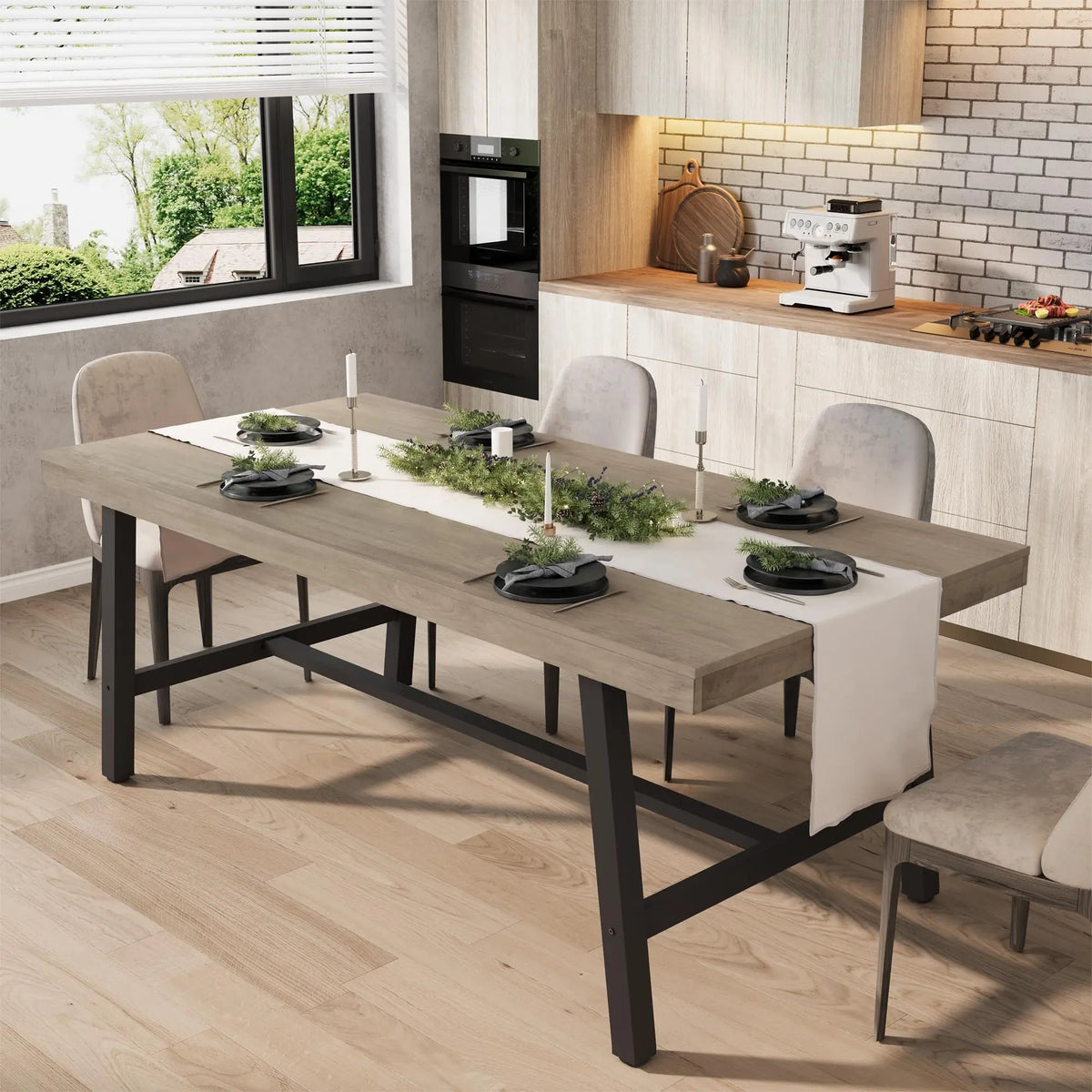 Table haute rectangulaire Garvee 180 cm pour 6 à 8 personnes : table de salle à manger et cuisine de style industriel rustique gris, grande plateforme universelle pour l'extérieur