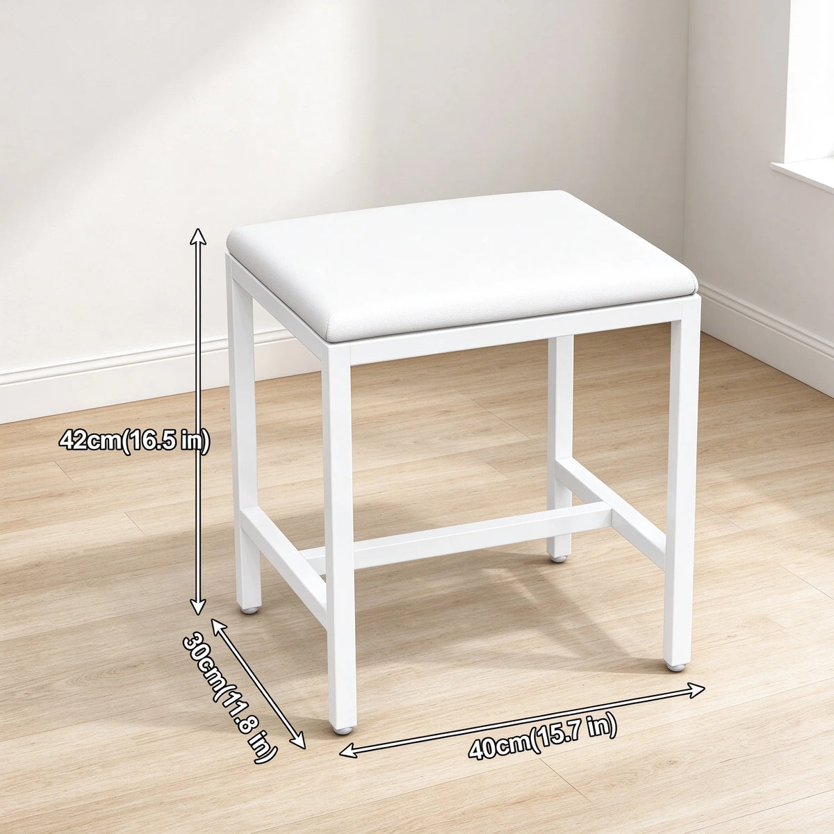Tabouret de coiffeuse blanc, pouf de maquillage rembourré en similicuir PU avec structure métallique, banc carré pour chambre à coucher, 40 x 30 x 42 cm