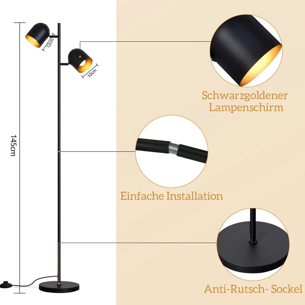 Lampadaire à 2 têtes noir avec intérieur en feuille d'or