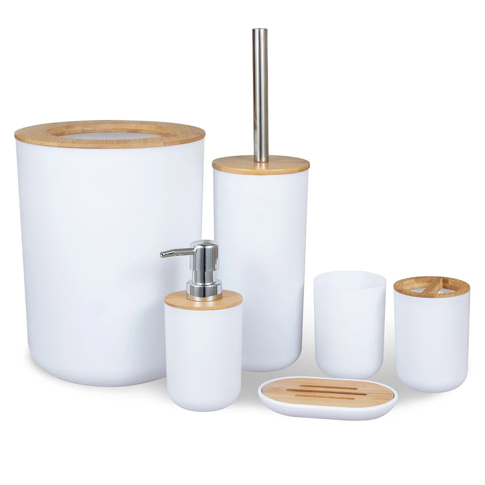 Ensemble d'accessoires de salle de bain 6 pièces en bambou et plastique, distributeur de savon, porte-savon, brosse de toilette, flacon de lotion, poubelle, gobelet et porte-brosse à dents