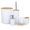 Ensemble d'accessoires de salle de bain 6 pièces en bambou et plastique, distributeur de savon, porte-savon, brosse de toilette, flacon de lotion, poubelle, gobelet et porte-brosse à dents