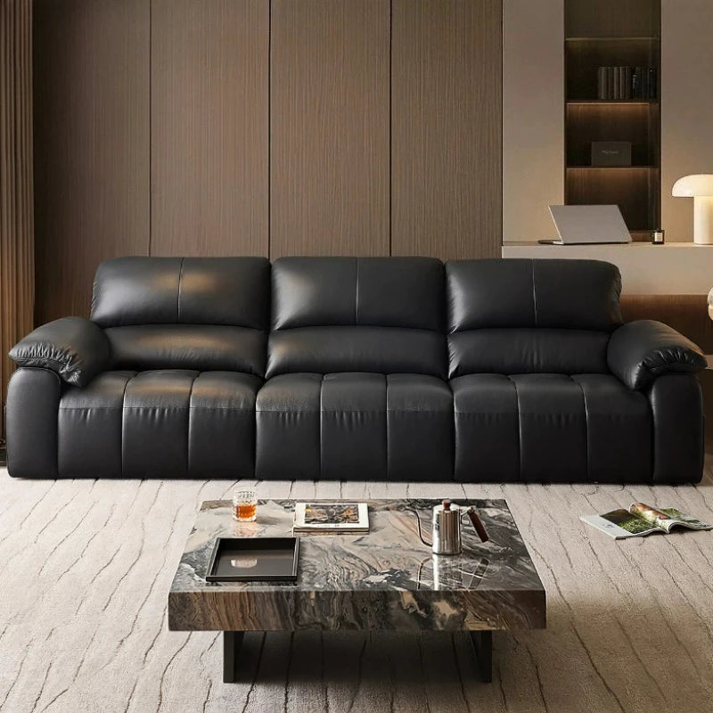 Canapé moderne et simple en cuir de vachette de première couche, canapé droit de luxe léger noir pour le salon et mobilier de