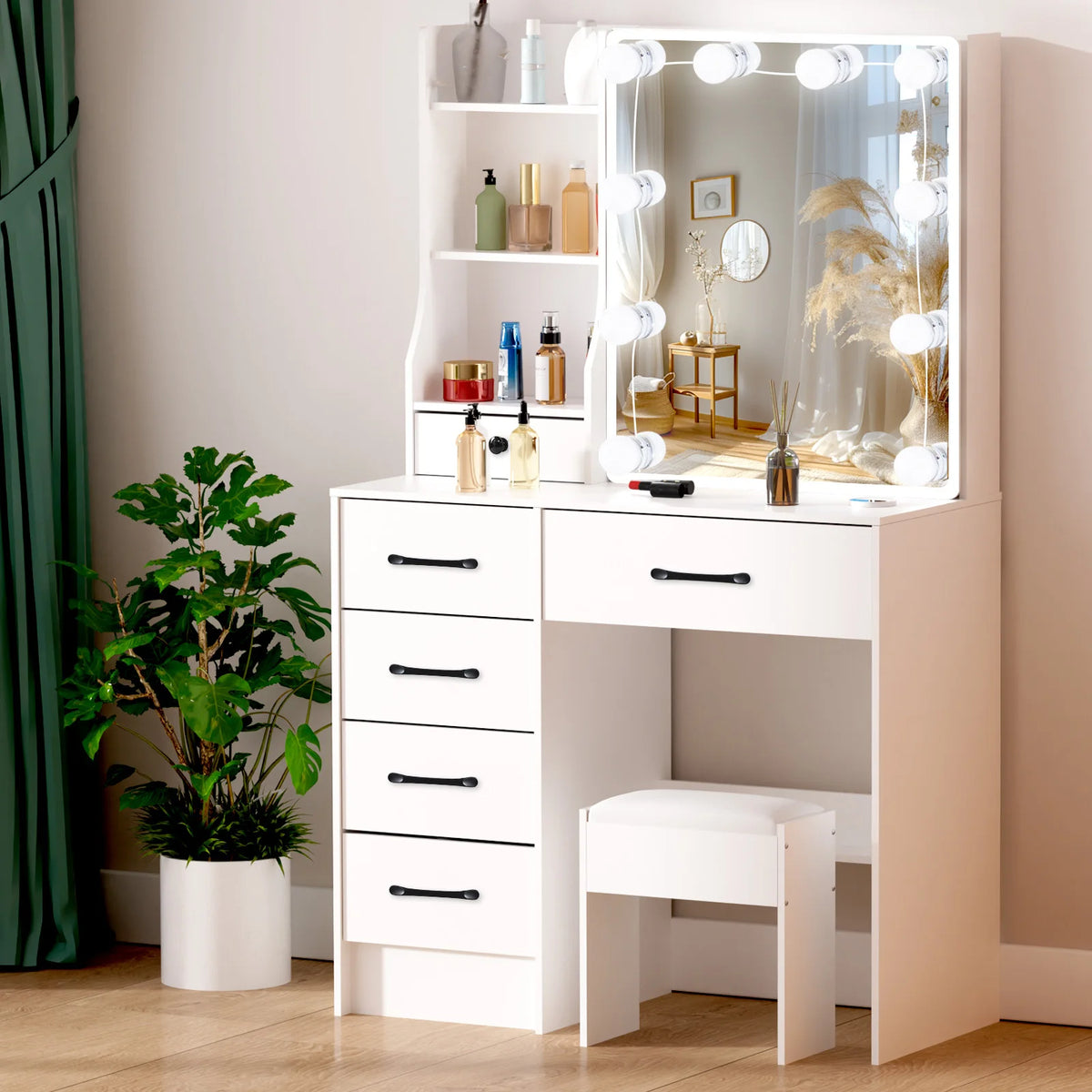 Coiffeuse de maquillage blanche avec 6 tiroirs de rangement et tabouret rembourré - Meuble cosmétique pour chambre à coucher