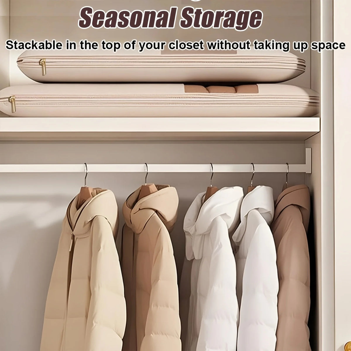 Sac de rangement suspendu à compression beige, sac sous vide offrant 40 % de gain de place, housse transparente avec fermeture éclair durable pour vêtements d'hiver