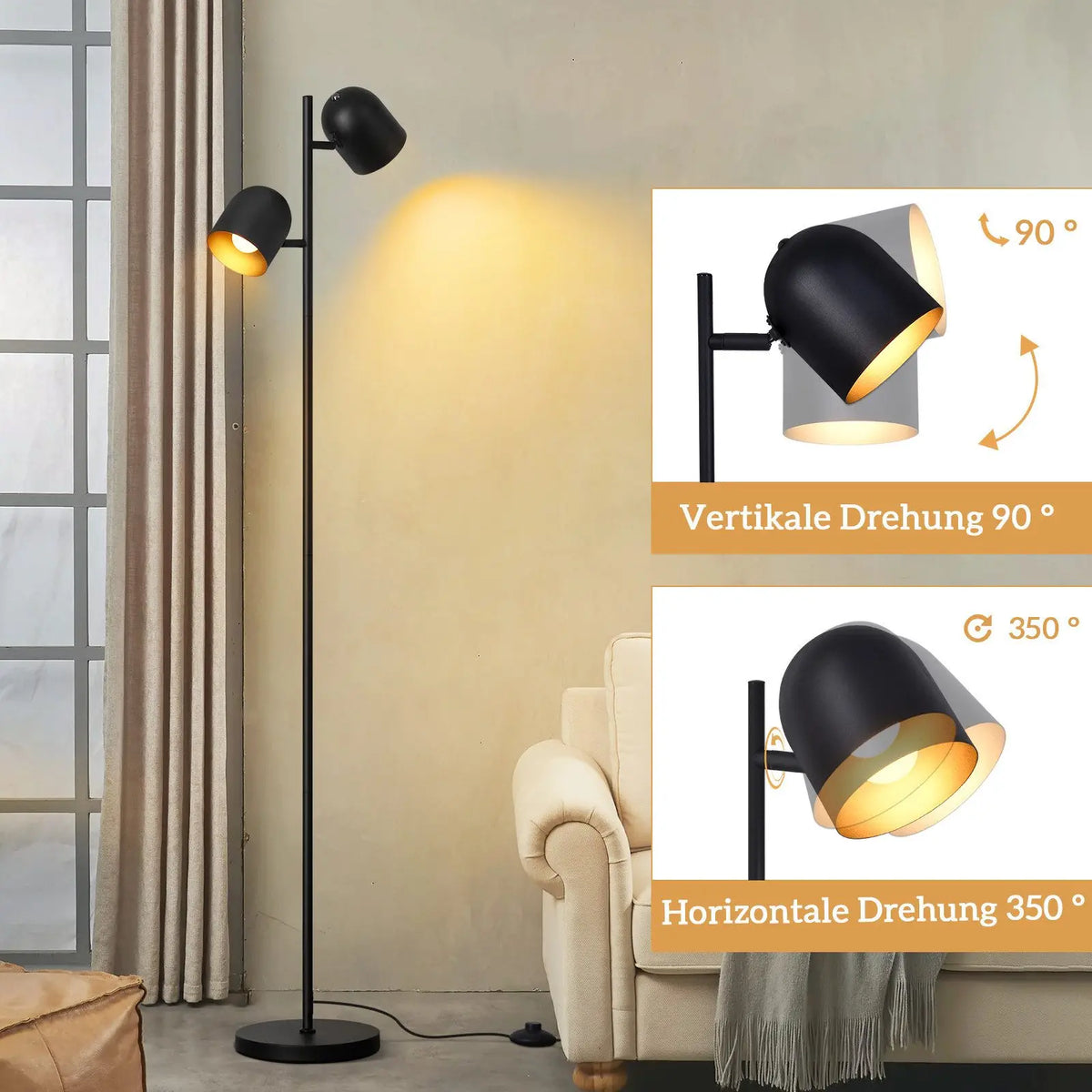 Lampadaire à 2 têtes noir avec intérieur en feuille d'or