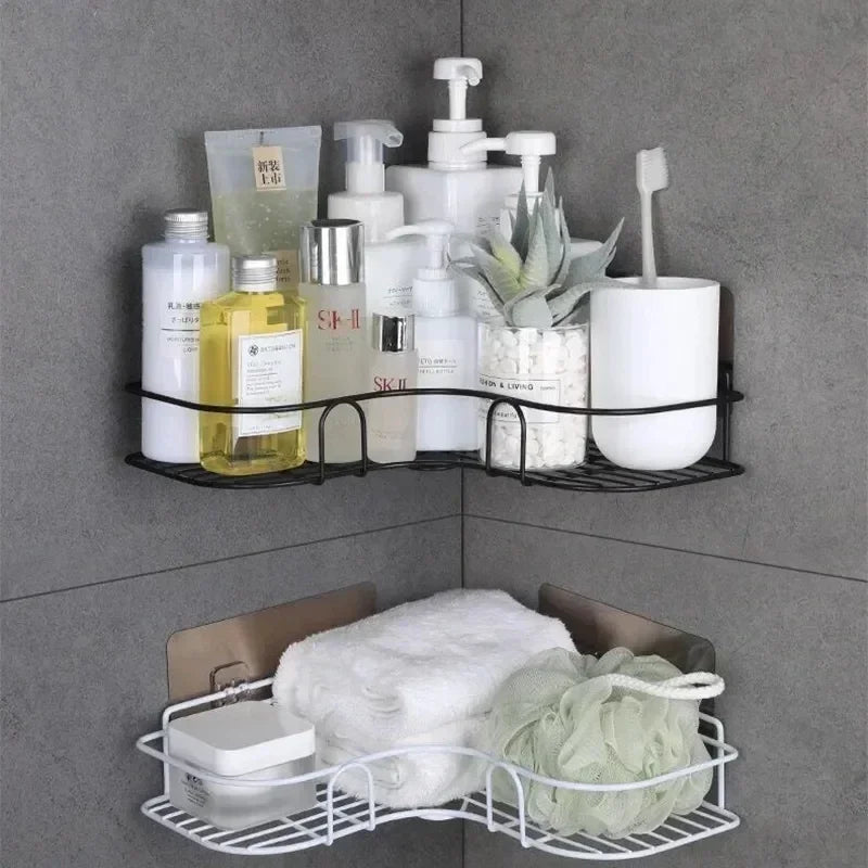 Corner StoraBathroom Organizer Shelf Wall Mounted Corner Storage Shelves Shampoo Holder Cosmetic Rack Iron Shower Drain Basket