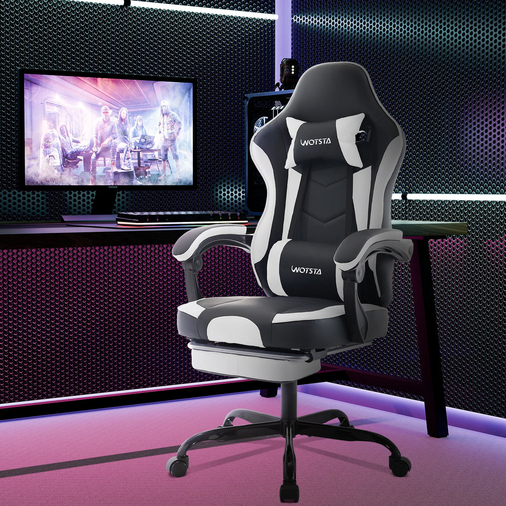 Fauteuil gaming WOTSTA avec repose-pieds, siège ergonomique pour gamer avec coussin lombaire et appui-tête, chaise d'ordinateur réglable en hauteur