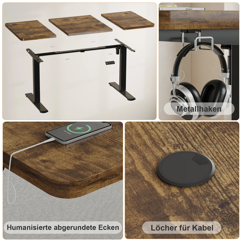 Bureau assis-debout ergonomique 120x60 cm pour ordinateur avec prises USB, table de bureau à domicile