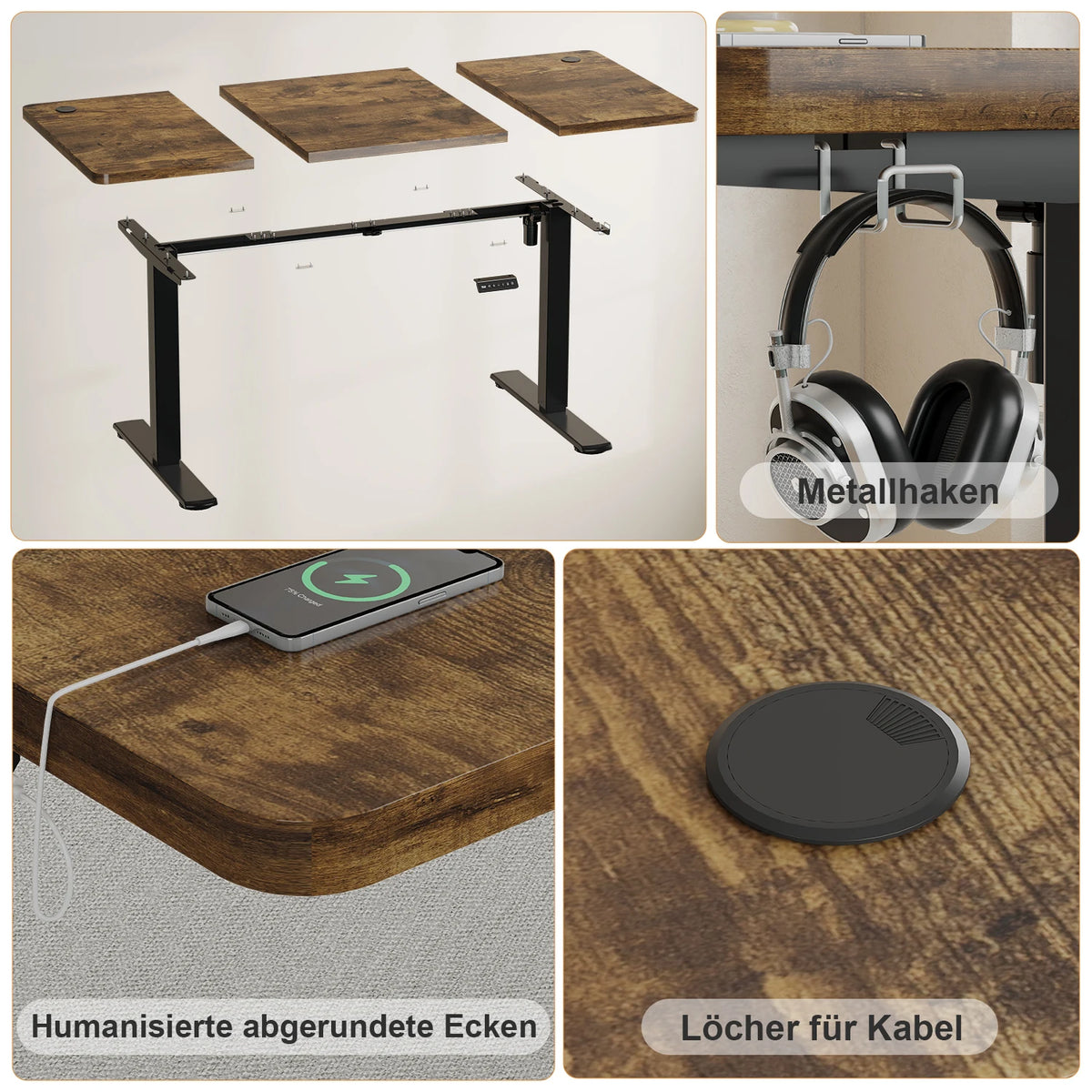 Bureau assis-debout ergonomique 120x60 cm pour ordinateur avec prises USB, table de bureau à domicile