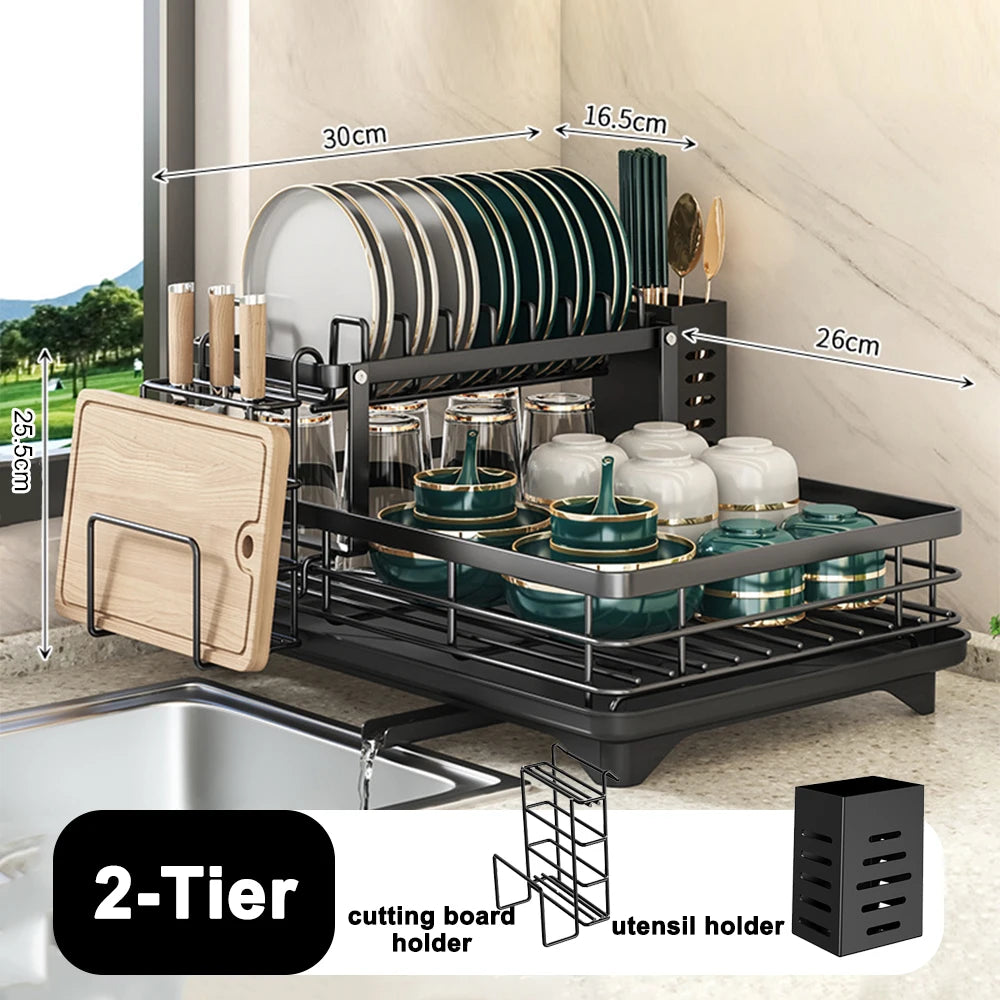 Égouttoir à vaisselle noir gain de place en acier au carbone - Égouttoir de grande capacité et antirouille avec porte-ustensiles, support à vaisselle en métal pour bols et rangement de cuisine