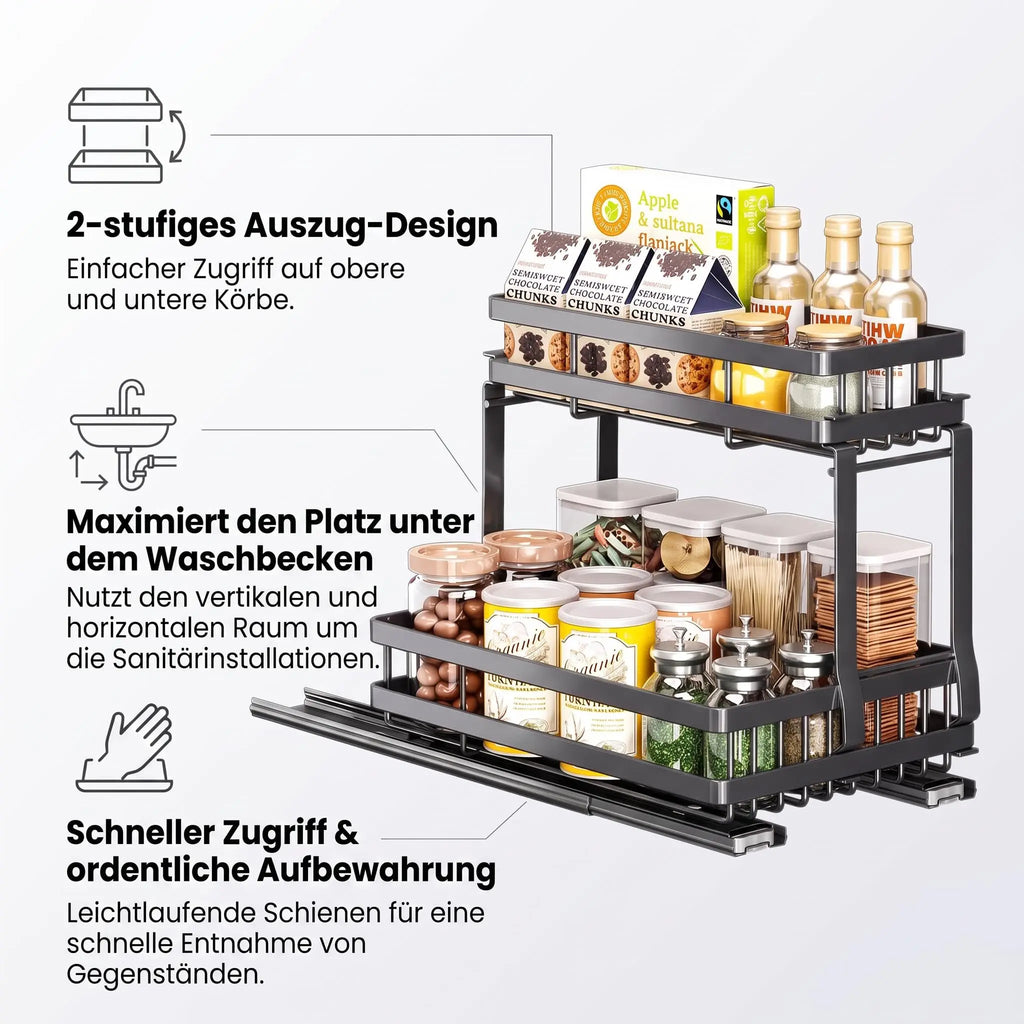 Carbon Steel Pull-Out Cabinet Organizer, Sliding Spice Rack with Drawer Rails, Under-Cabinet Storage Basket for Kitchen Seasoning and Miscellaneous Items-Black