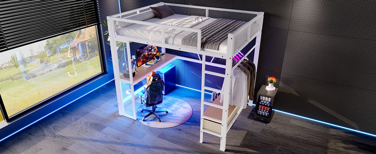 Lit mezzanine enfant et ado 140 x 200 cm en métal blanc - Lit combiné avec bureau, prise USB, LED intégrées, armoire ouverte et 3 tiroirs de rangement