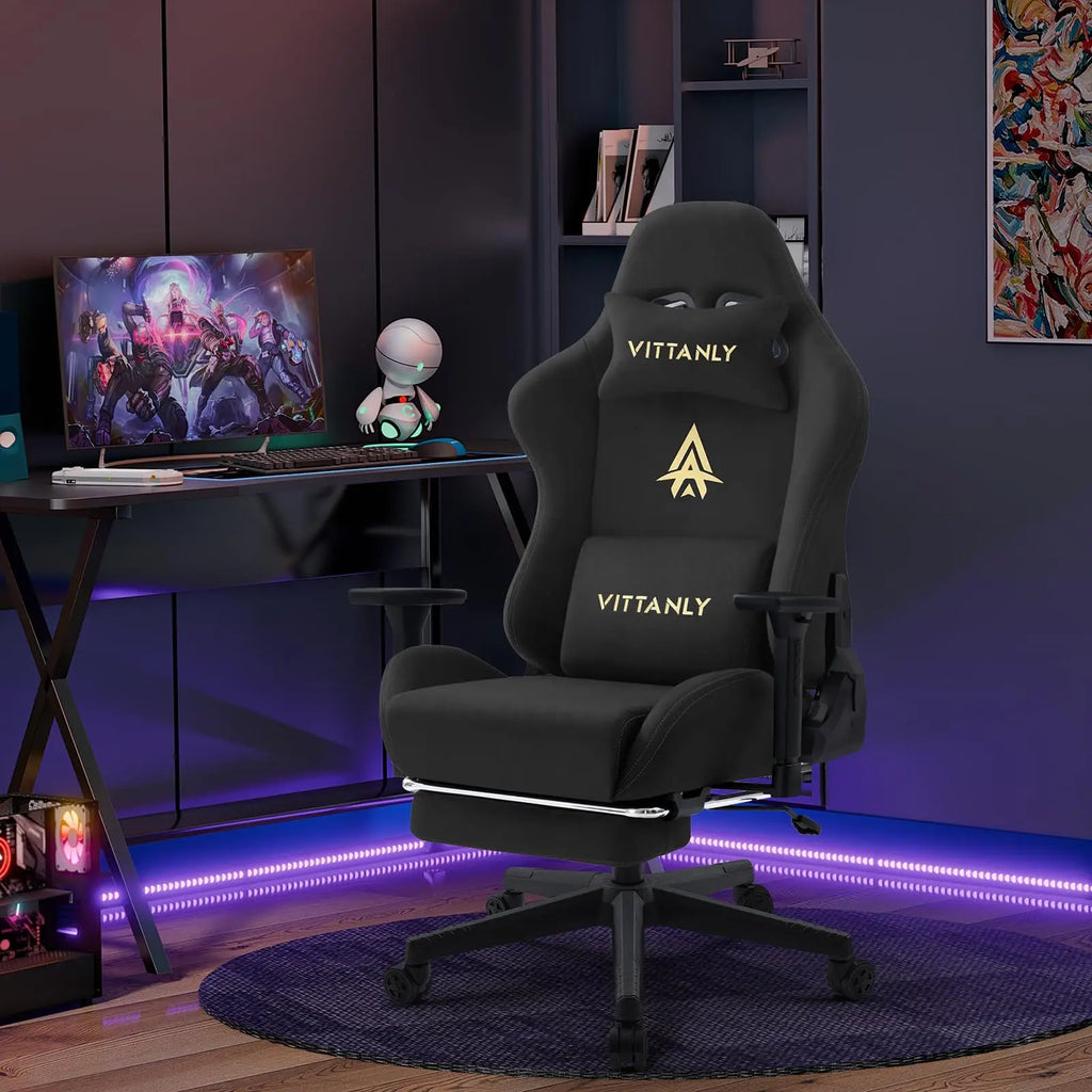 Fauteuil de jeu et de bureau respirant Vittanly, chaise de bureau en tissu de haute qualité, ajustable et pivotante avec repose-pieds