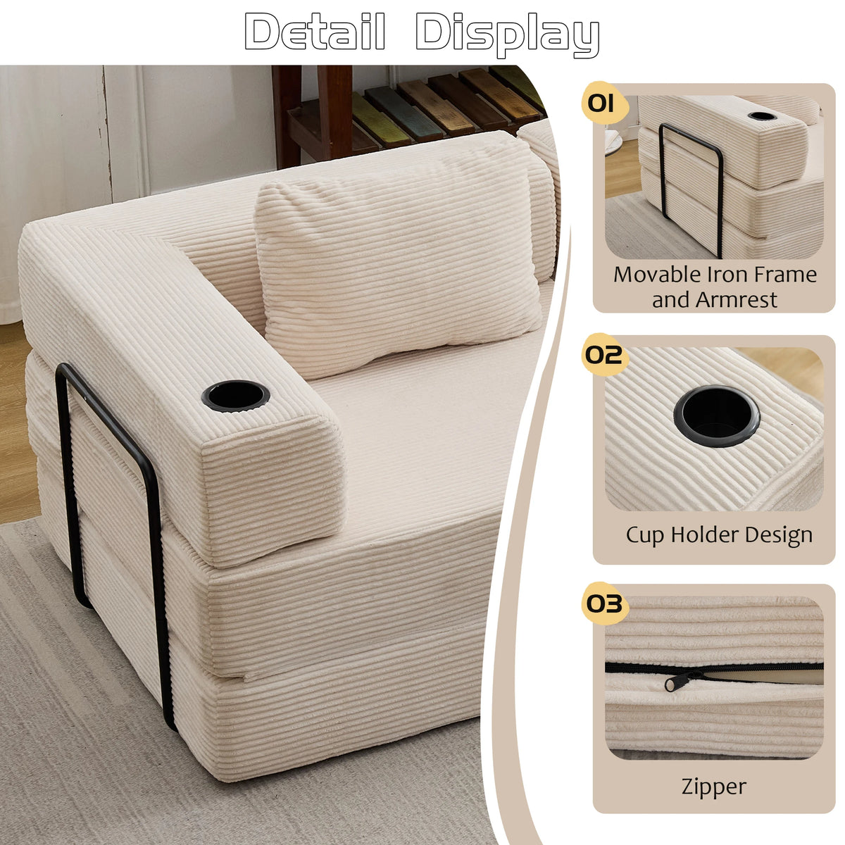 Canapé modulable d'angle avec porte-gobelets, canapé convertible modulable en velours côtelé, canapé relax gain de place sans montage pour salon, dortoir, bureau, jeu vidéo, lecture, canapé d'angle multifonction