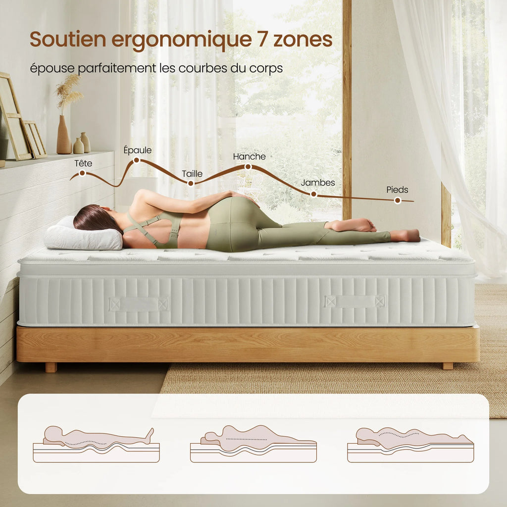 Matelas à ressorts ensachés 30 cm résistant et durable, haute fermeté avec support ergonomique 7 zones, certifié Oeko-Tex, disponible en 140x190 / 140x200 / 160x200 cm