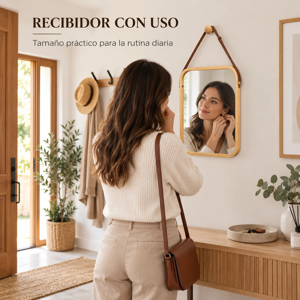 Miroir mural décoratif avec cadre en bambou naturel et sangle en cuir marron, miroir rectangulaire 34x41,5 cm pour salle de bain, chambre et entrée, comprend un bouton en bois pour la suspension