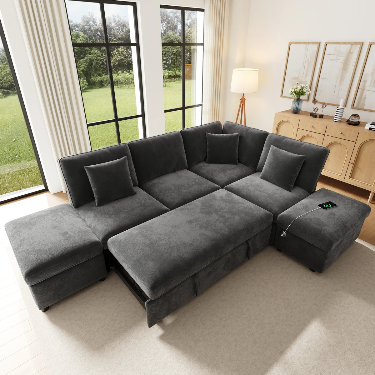 Canapé d'angle modulaire en L avec lit gigogne extractible, méridienne réversible