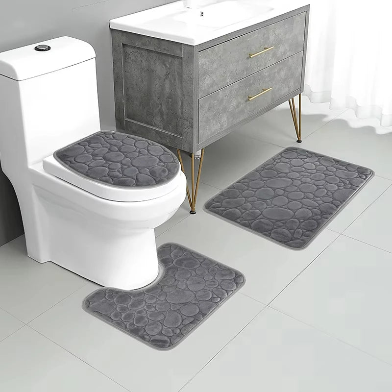 Ensemble 3 pièces de tapis de sol unicolores simples, absorbants et antidérapants pour salle de bain, motif pierre, confortables et doux, lot de trois