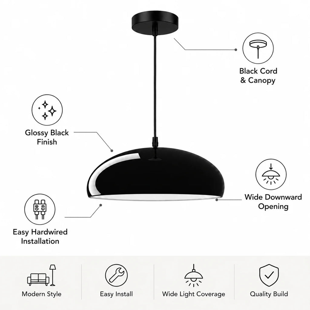 Suspension luminaire JOYINLED en métal noir, disponible en lot de 1 ou 3 pièces, avec abat-jour en forme de dôme. Style moderne du milieu du siècle (Mid-Century Modern), idéale pour une cuisine, un îlot central ou une salle à manger. Modèle de suspension