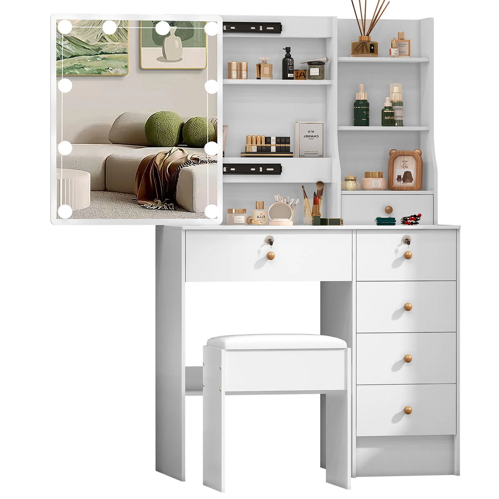 Ensemble coiffeuse blanche avec miroir coulissant à éclairage LED et tabouret - Table de maquillage avec tiroirs verrouillables et étagères de rangement, bureau pour cosmétiques de chambre
