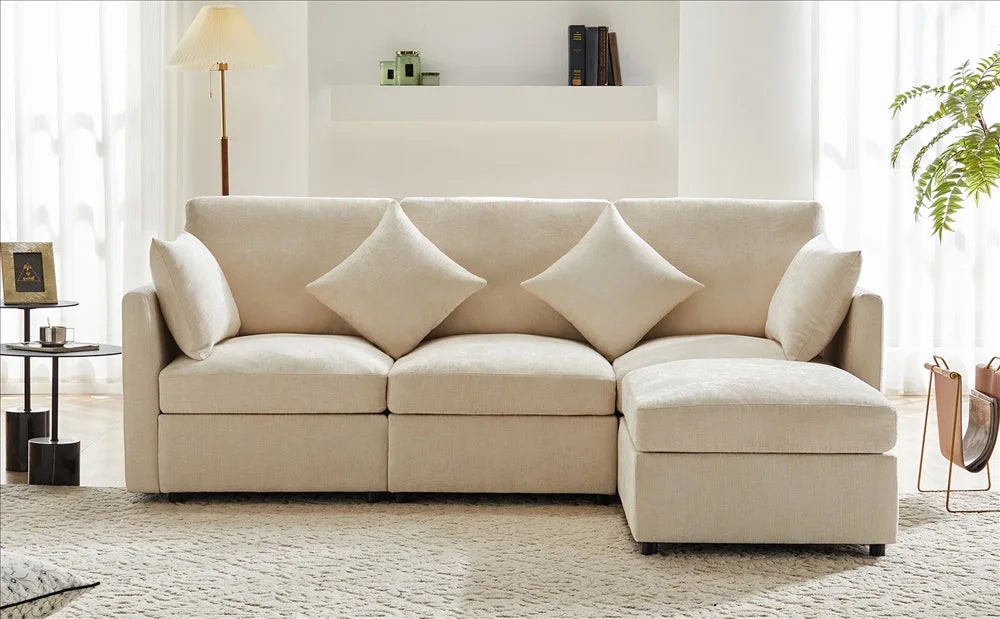 Canapé d'angle panoramique modulable et convertible moderne vert, canapé d'appoint grand confort avec pouf indépendant amovible et 4 coussins en tissu chenille doux pour salon d'appartement