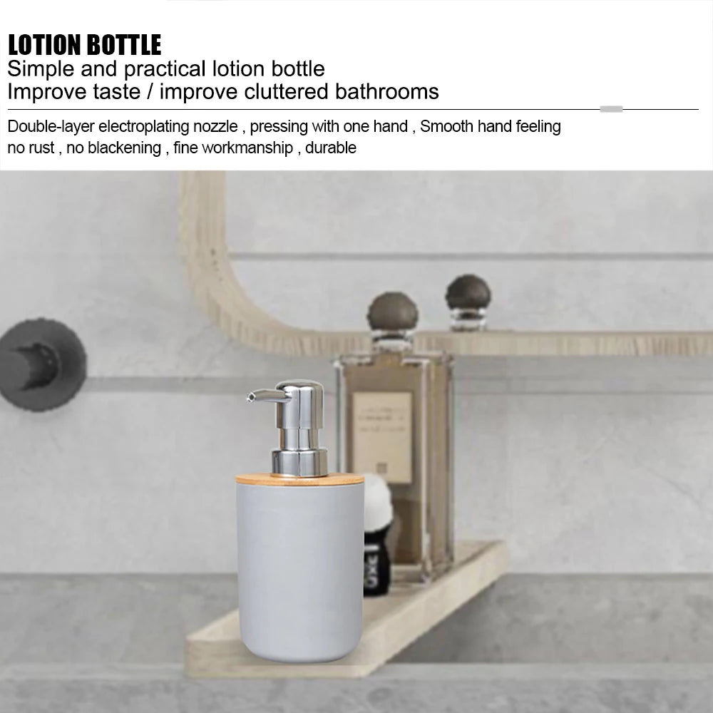 Ensemble d'accessoires de salle de bain 6 pièces en bambou et plastique, distributeur de savon, porte-savon, brosse de toilette, flacon de lotion, poubelle, gobelet et porte-brosse à dents