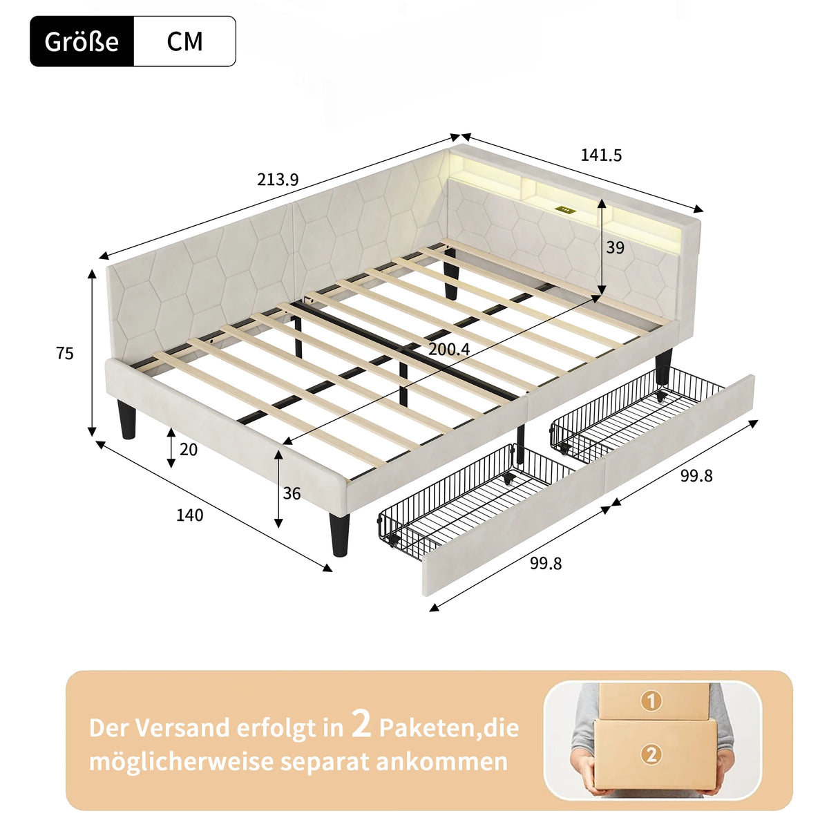 Lit banquette 140x200 cm, cadre de lit d'angle en velours beige